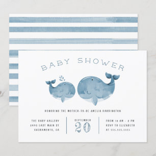 Watercolor Whale Boy's Blue Baby Shower Inbjudningar
