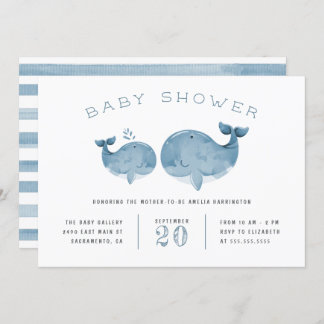Watercolor Whale Boy's Blue Baby Shower Inbjudningar
