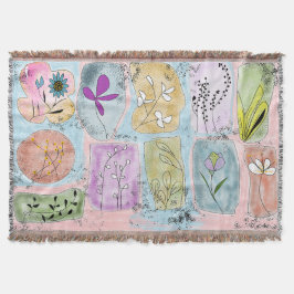 Watercolor Whimsical Flowery Doodle Throw Blanket Filt