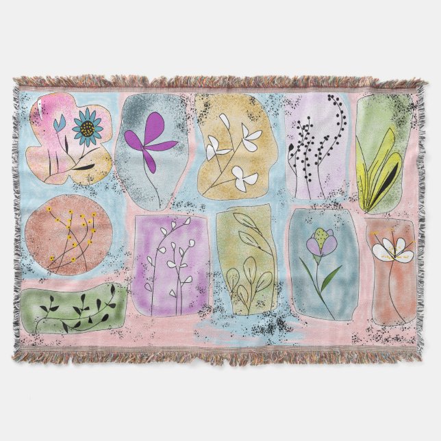 Watercolor Whimsical Flowery Doodle Throw Blanket Filt (Framsidan)
