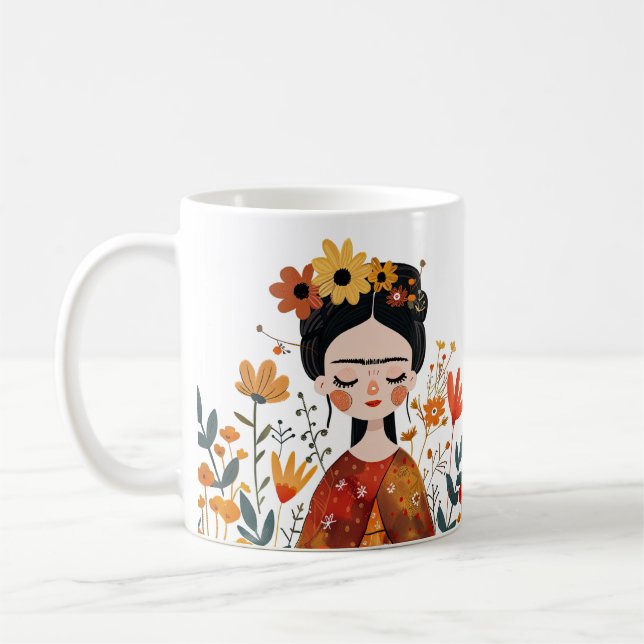 Watercolor Whimsical Frida Kahlo Illustration Kaffemugg (Vänster)