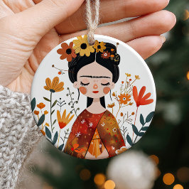 Watercolor Whimsical Frida Kahlo med Anpassningsba Julgransprydnad Keramik