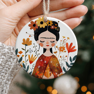 Watercolor Whimsical Frida Kahlo med Anpassningsba Julgransprydnad Keramik