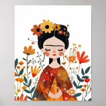 Watercolor Whimsical Frida Kahlo med Flowers