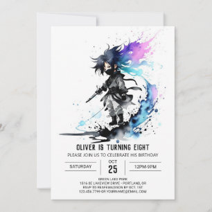 Watercolor Whimsical Ninja Boy Digital Birthday Inbjudningar
