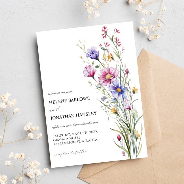 Watercolor Whimsical Wildblomma Elegant bröllop Inbjudningar (Watercolor Whimsical Wildflower Elegant Wedding Invitation)