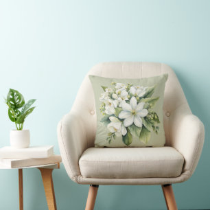 Watercolor White Apple Blommar Bouquet Kudde