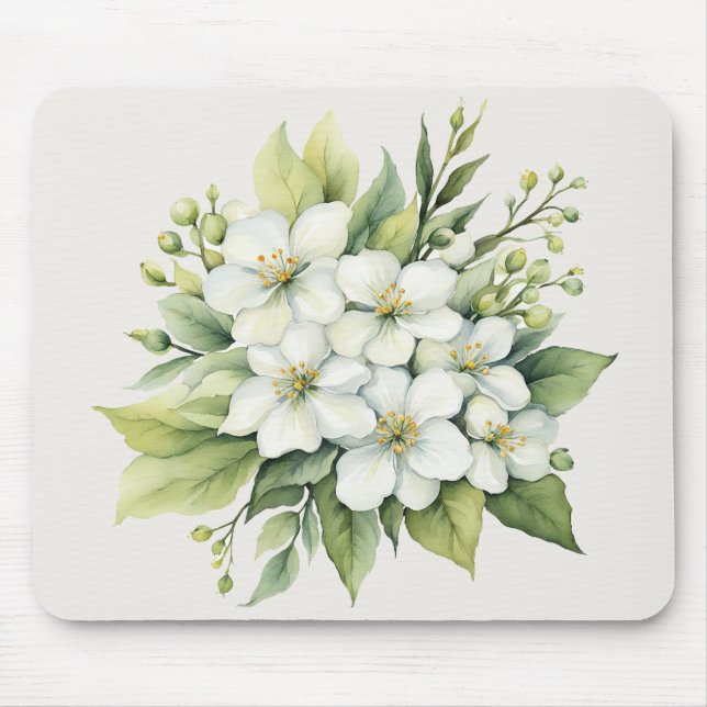 Watercolor White Apple Blommar Bouquet Musmatta (Framsidan)