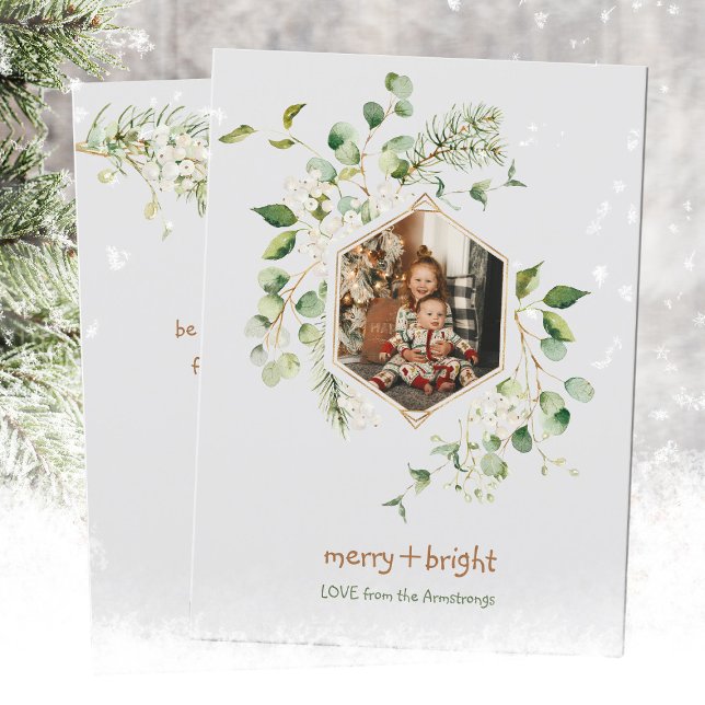 Watercolor White Berries Merry Bright Julkort (Watercolor White Berries Merry Bright Holiday Card ©Susanne Sachers - Sunny Mind Design 🌞)