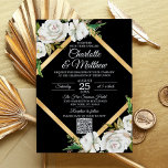 Watercolor White Black Guld Blommigt Bröllop QR-ko Inbjudningar<br><div class="desc">Anpassa den här vintagens chic, med antika vita bröllopsinbjudningar från stil. Svart och vitt färg. Hand målade vattenfärgen vit ros (blommor) med faux guld foil ram. Kortets baksida har brid och groommonogram/ initialer. Redigerbara kort - lägg till din information (text kan ändras till valfritt teckensnitt, storlekt och färg). QR CODE...</div>