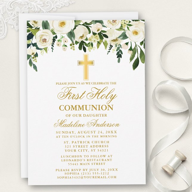 Watercolor White Blommigt First Communion Guld Inbjudningar (Customize to change text color, style or text size.)