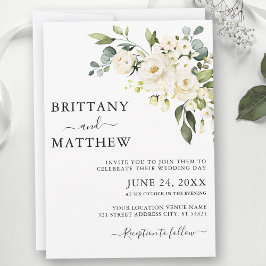 Watercolor White Blommigt Greenery Bröllop Inbjudningar
