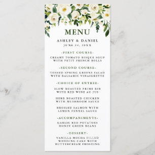Watercolor White Blommigt Greenery Bröllop Menu Meny