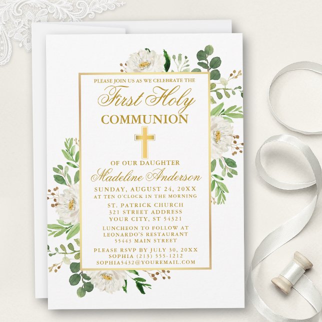 Watercolor White Blommigt Greenery First Communion Inbjudningar (Customize to change text color, size, style or to add photos or more text to back of card.)