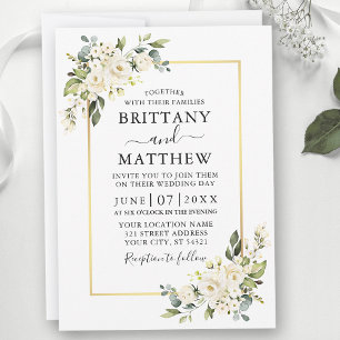 Watercolor White Blommigt Greenery Guld Bröllop Inbjudningar