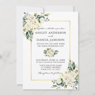 Watercolor White Blommigt Greenery Guld Bröllop Inbjudningar
