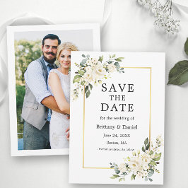 Watercolor White Blommigt Greenery Guld Photo Spara Datumet