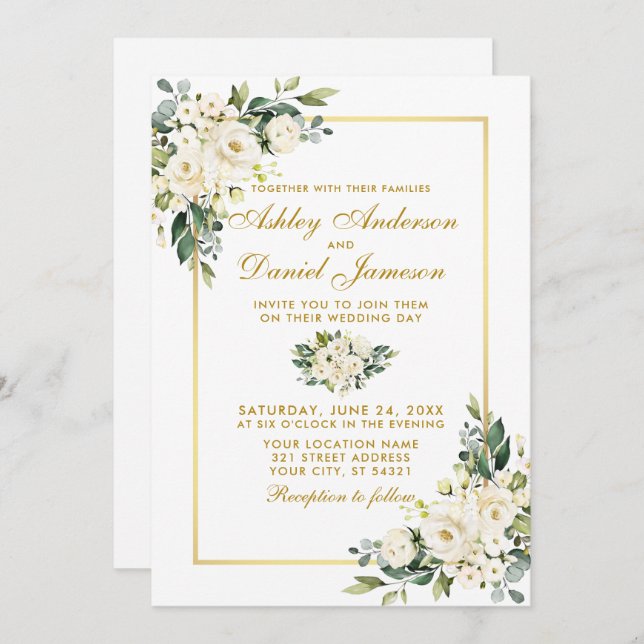 Watercolor White Blommigt Guld Photo Bröllop Inbjudningar (Fram/baksida)