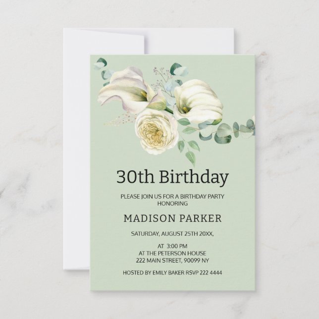 Watercolor White Calla Lilies Bouquet Birthday Inbjudningar (Framsida)