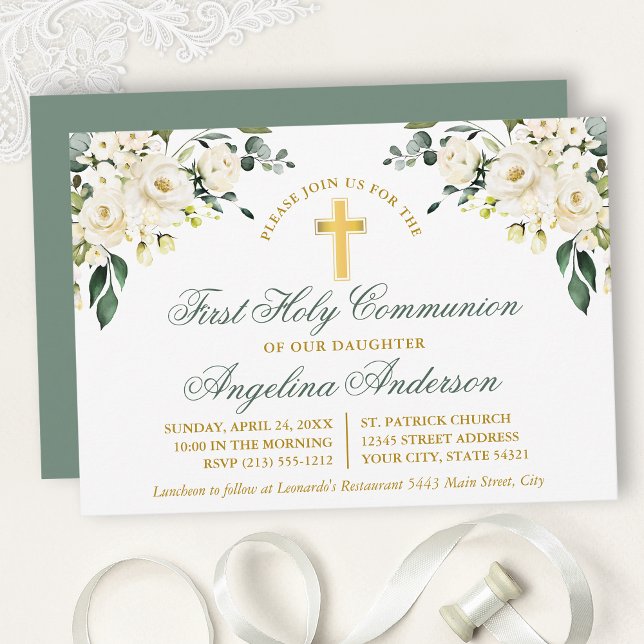 Watercolor White Floral Sage Green Gold Communion Inbjudningar (Customize to change text color, size, style or to change color of back of card.)