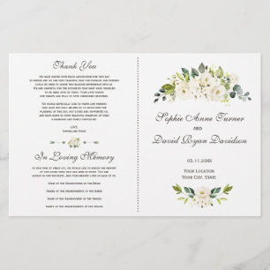 Watercolor White Flowers Bouquet Bröllopsprogram
