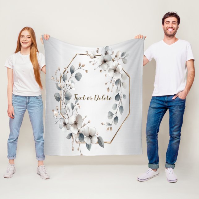 Watercolor White Flowers Golden Ram Silver Teal Fleecefilt (På plats)