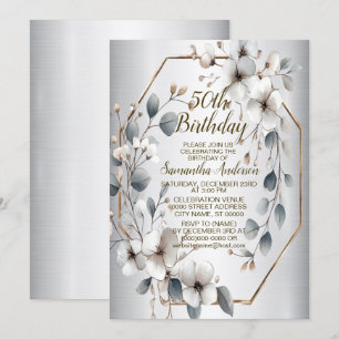 Watercolor White Flowers Golden Ram Silver Teal Inbjudningar