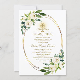 Watercolor White Flowers Guld Heliga Communion Inbjudningar