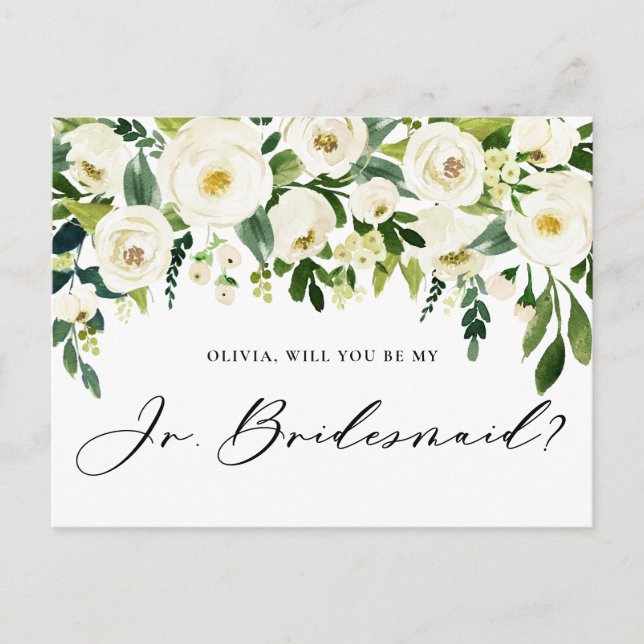 Watercolor White Flowers Jr. Bridesmaid Frieri Inbjudan Vykort (Framsida)