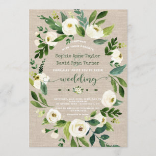 Watercolor White Flowers Linen Canvas Bröllop Inbjudningar