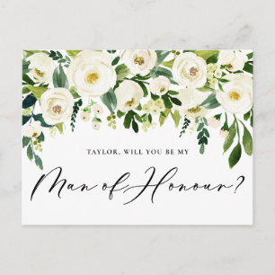 Watercolor White Flowers Man of Honor Frieri Inbjudan Vykort