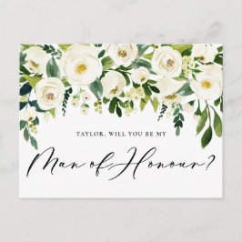 Watercolor White Flowers Man of Honor Frieri Inbjudan Vykort