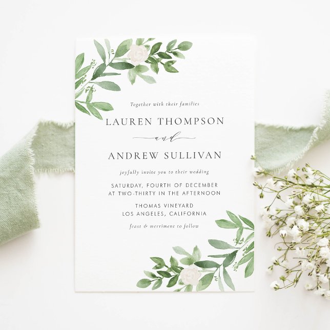 Watercolor White Flowers och Greenery Bröllop Inbjudan Vykort (Watercolor White Flowers and Greenery Wedding Invitation Postcard)