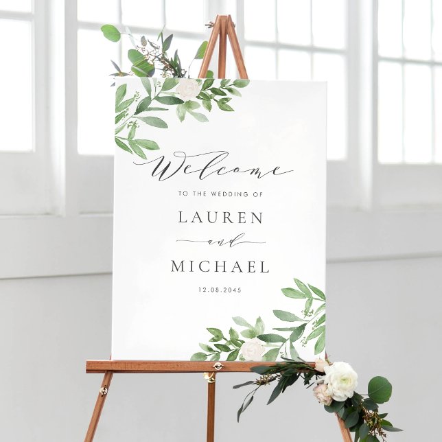 Watercolor White Flowers och Greenery Bröllop Poster (Customizable botanical wedding welcome sign featuring watercolor greenery and white flowers)