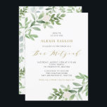 Watercolor White Flowers och Greenery Pub Mitzvah Inbjudningar<br><div class="desc">Familjen inbjudan och vänner med den här lilla gröna inbjudan. Den här pub mitzvah-inbjudan innehåller vattenfärgsillustrationer av grönt blad och vita blommor och ett matchande grönt mönster med guld-skript. Anpassa genom att lägga till information om namn, datum, tid, plats och andra händelser. Denna inbjudan är perfekt för mitzvahs i vår...</div>