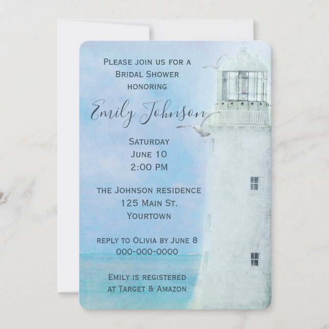 Watercolor White Lighthouse och Fiskmås Inbjudningar (Framsida)