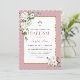 Watercolor White Lilies Ro Guld Girl Baptism Inbjudningar