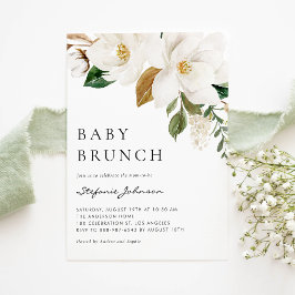 Watercolor White Magnolia Rustic Baby Brunch Inbjudningar