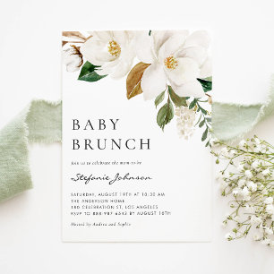 Watercolor White Magnolia Rustic Baby Brunch Inbjudningar