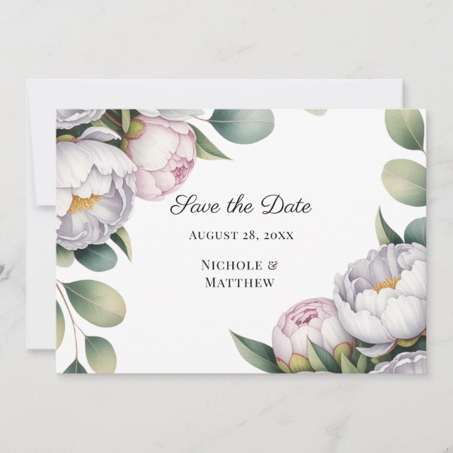 Watercolor White Peonies Wedding Spara Datumet (Framsida)