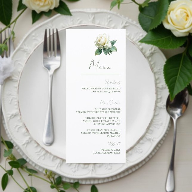 Watercolor White Rose Elegant Botanical Wedding Meny (Skapare uppladdad)