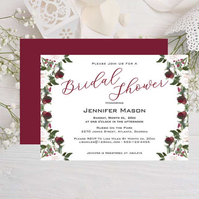 Watercolor White Roses Cranberry Bridal Shower  Inbjudningar (Watercolor White Roses Cranberry Bridal Shower Invitation)