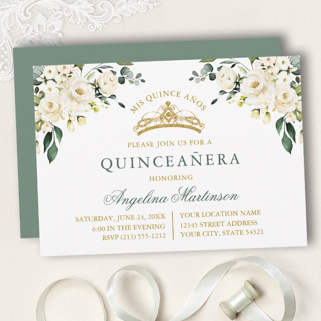 Watercolor White Roses Sage Green Gold Quinceanera Inbjudningar (Customize to change text color, text style or color of back of card.)