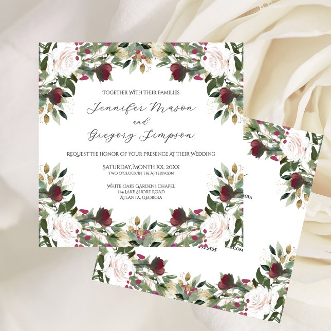 Watercolor White Roses with Cranberry Floral Inbjudningar (Watercolor White Roses with Cranberry Floral Invitation)
