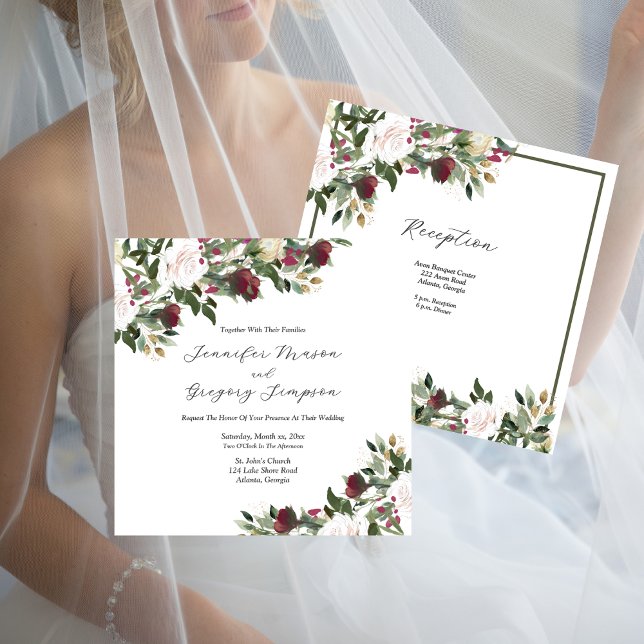 Watercolor White Roses With Cranberry Flowers Inbjudningar (Watercolor White Roses With Cranberry Flowers Invitation)