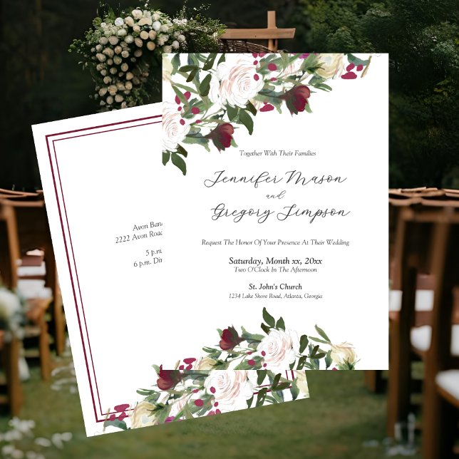 Watercolor White Roses with Cranberry Wedding Inbjudningar (Watercolor White Roses With Cranberry Floral Wedding Invitation)