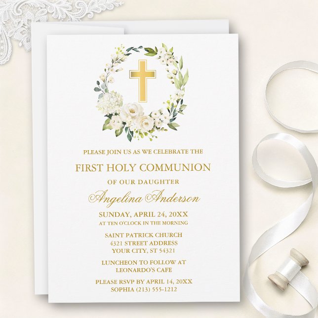 Watercolor White Roses Wreath Gold Communion Inbjudningar (Customize to change text size, text style or color.)
