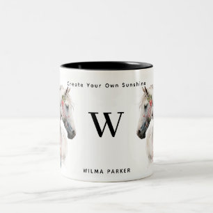 Watercolor White Unicorn Horse Monogram w/ Namn Två-Tonad Mugg