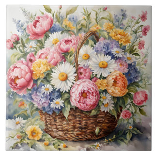 Watercolor Wicker Basket med sommarblommor Kakelplatta