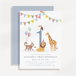 Watercolor Wild Animals First Birthday Inbjudningar